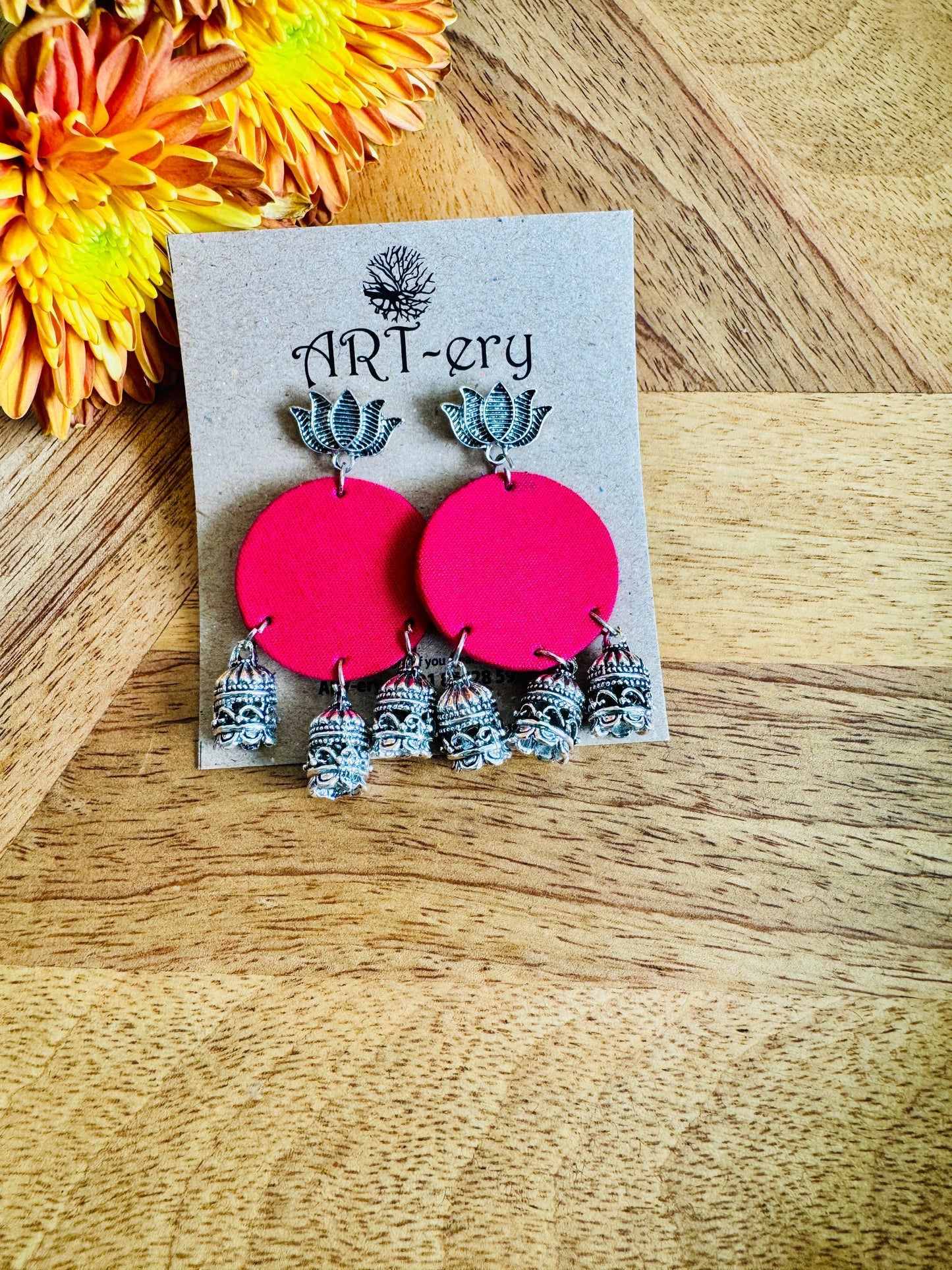 Bright pink jhumka oxidised silver fabric earrings