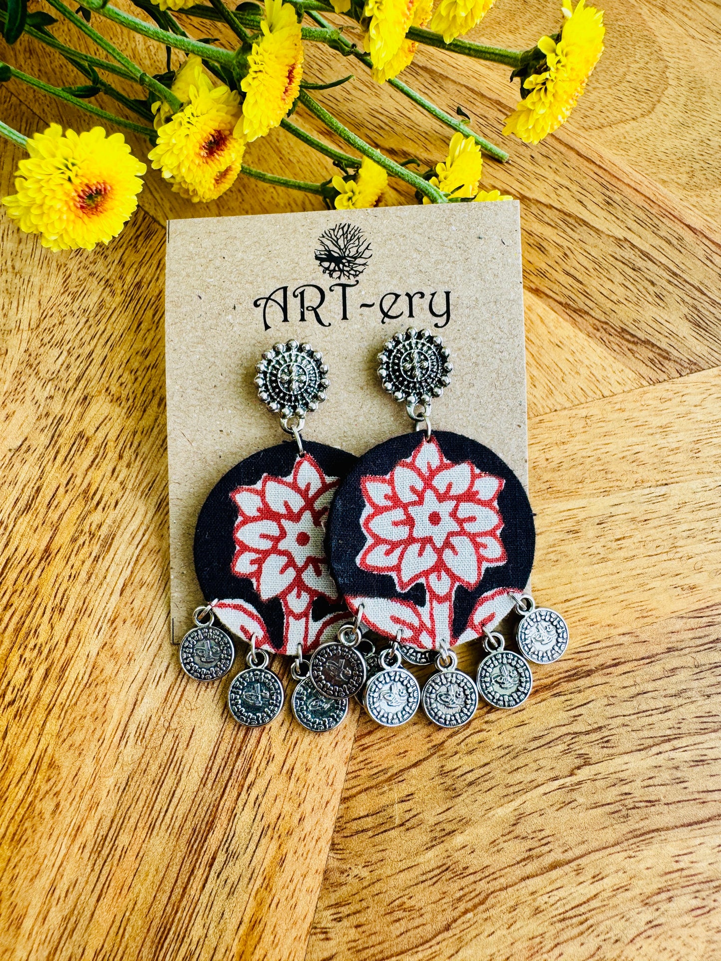 Handcrafted Fabric Statement Earrings | Boho Ethnic Earrings for Women - Brown flower