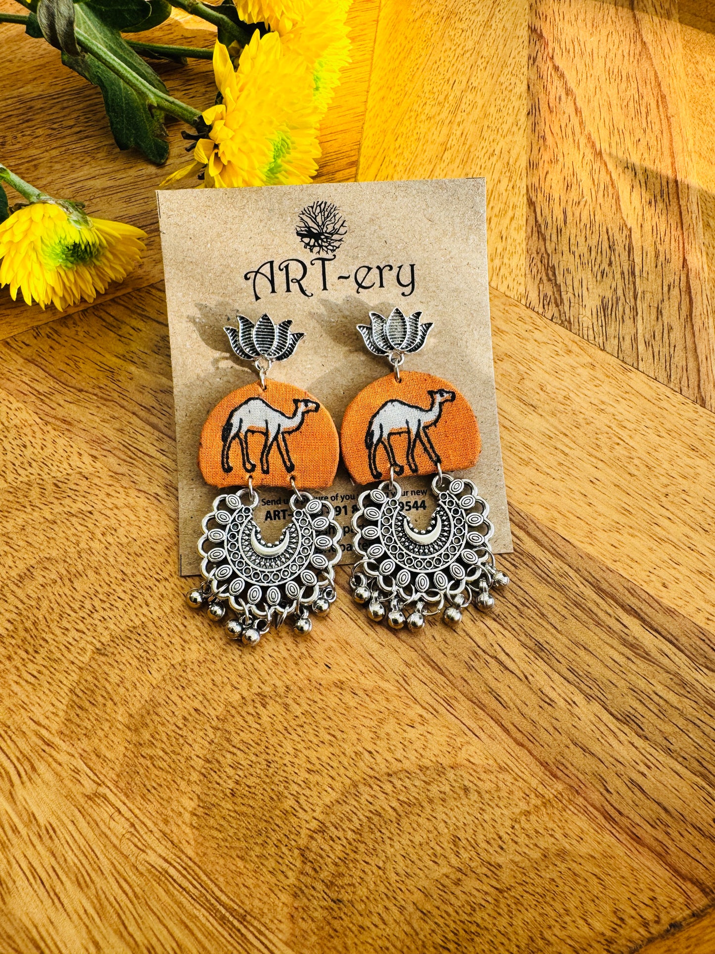 Handmade Fabric & Oxidised Silver Earrings - Yellow earrings with camel design