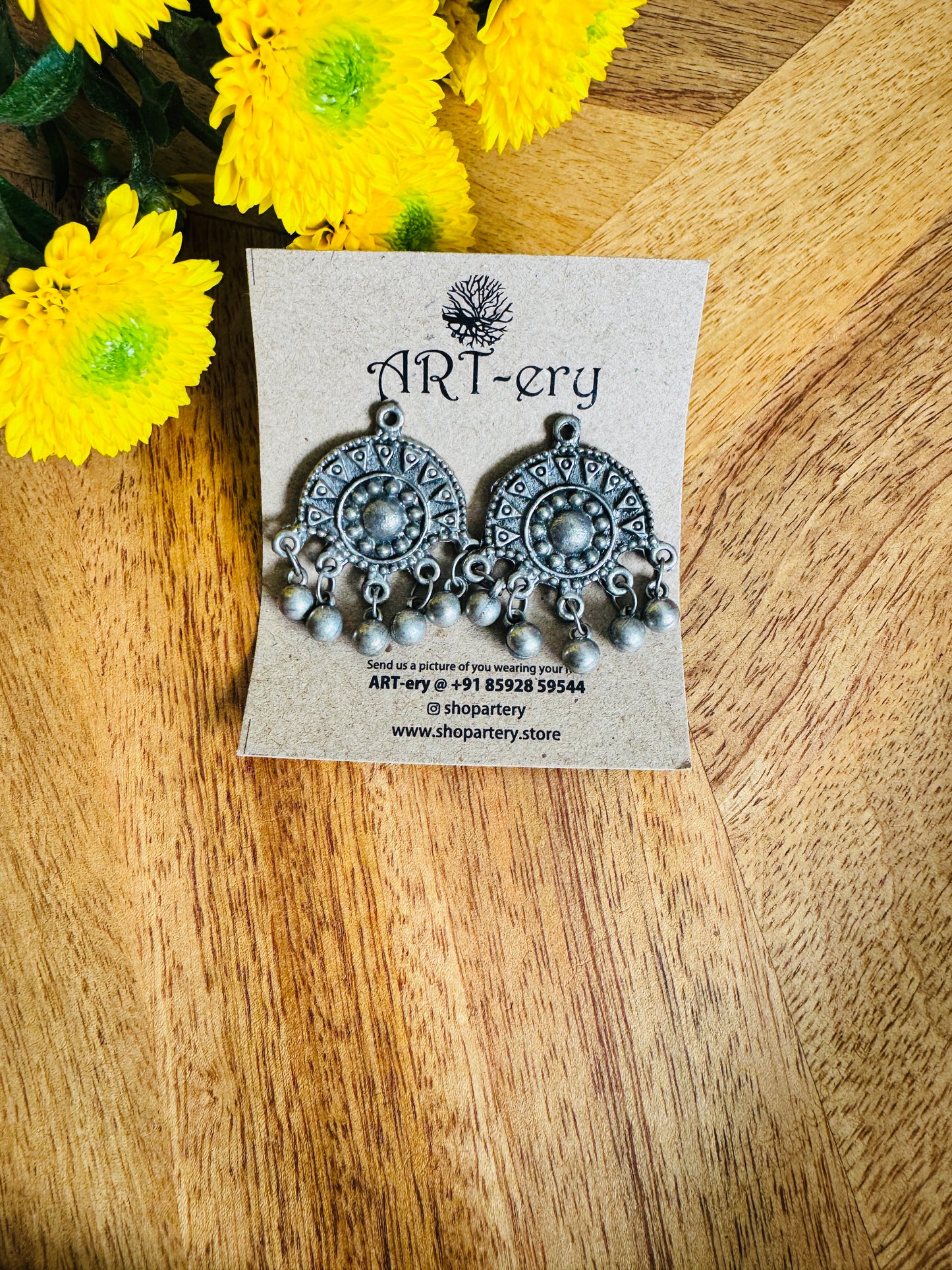 Oxidised silver earrings with silver beads