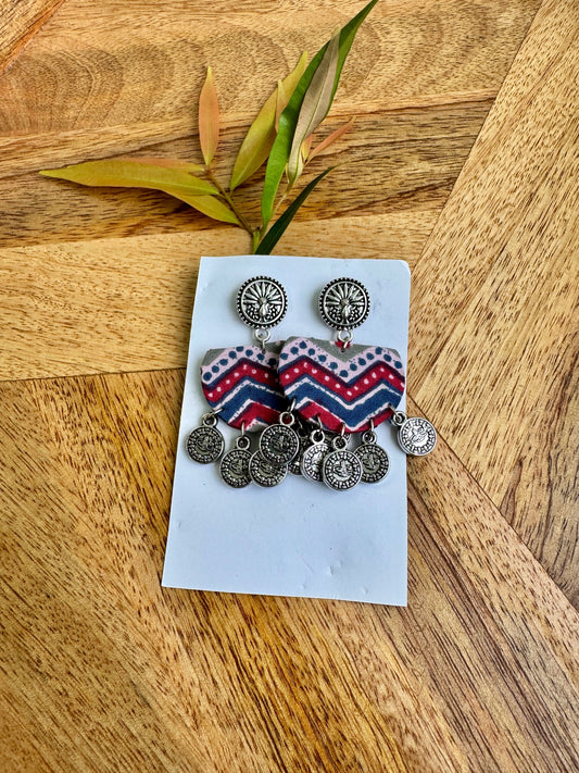 Fabric earrings in colorful prints with coin detailing