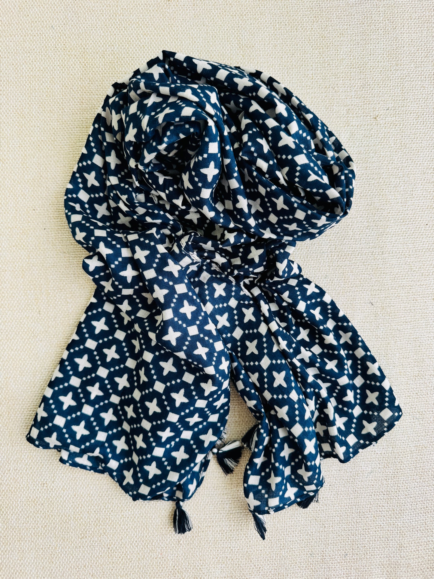 Bright poly cotton scarf - Lightweight long stole - Dark blue tasseled stole