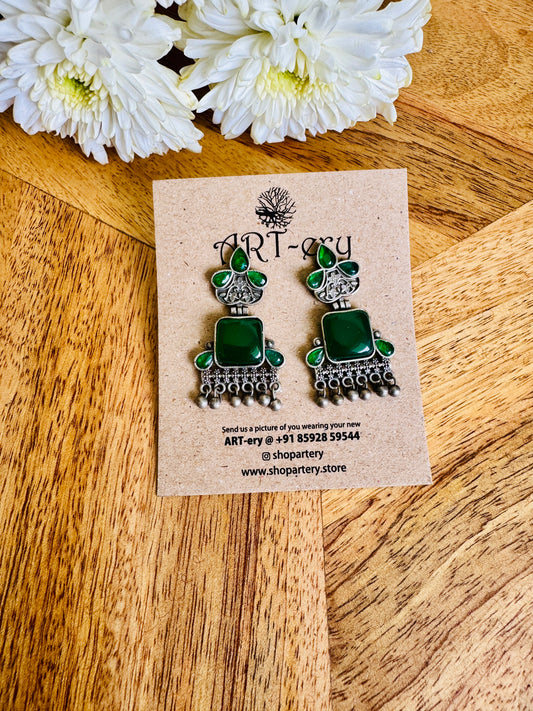 Stone oxidised silver earrings - Deep Green
