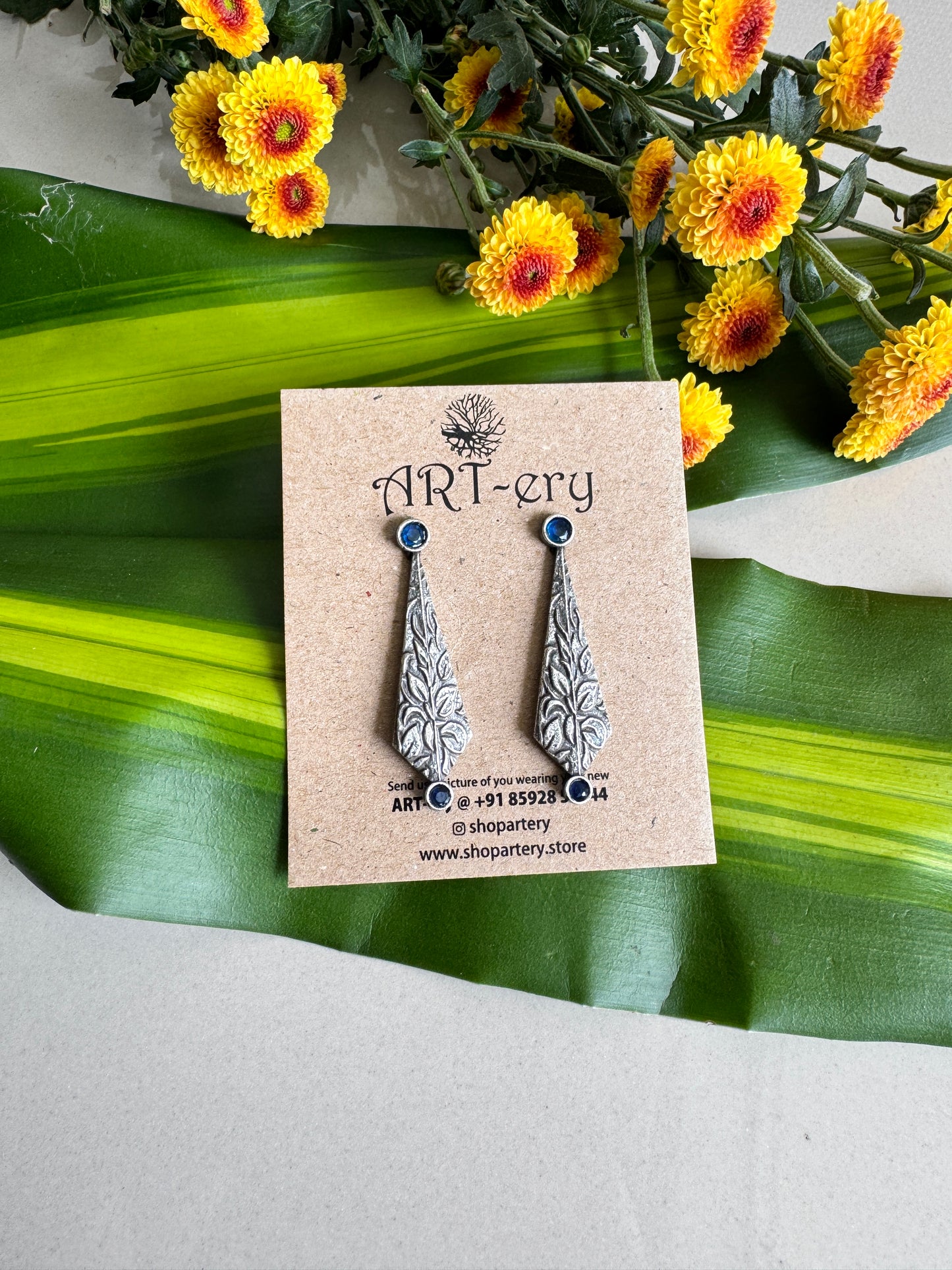 Diamond shaped earring in oxidised silver  - dark blue