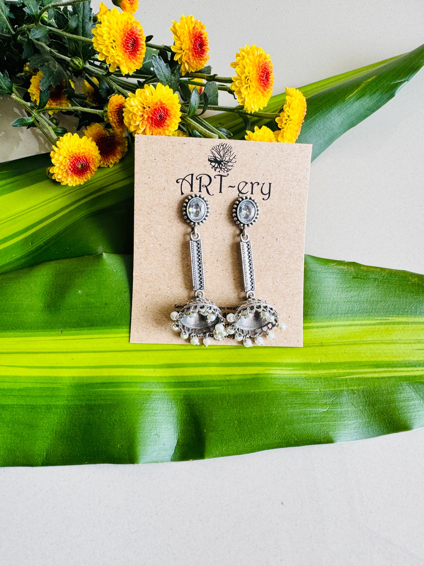 Lightweight oxidised silver jhumka with long stem  - White