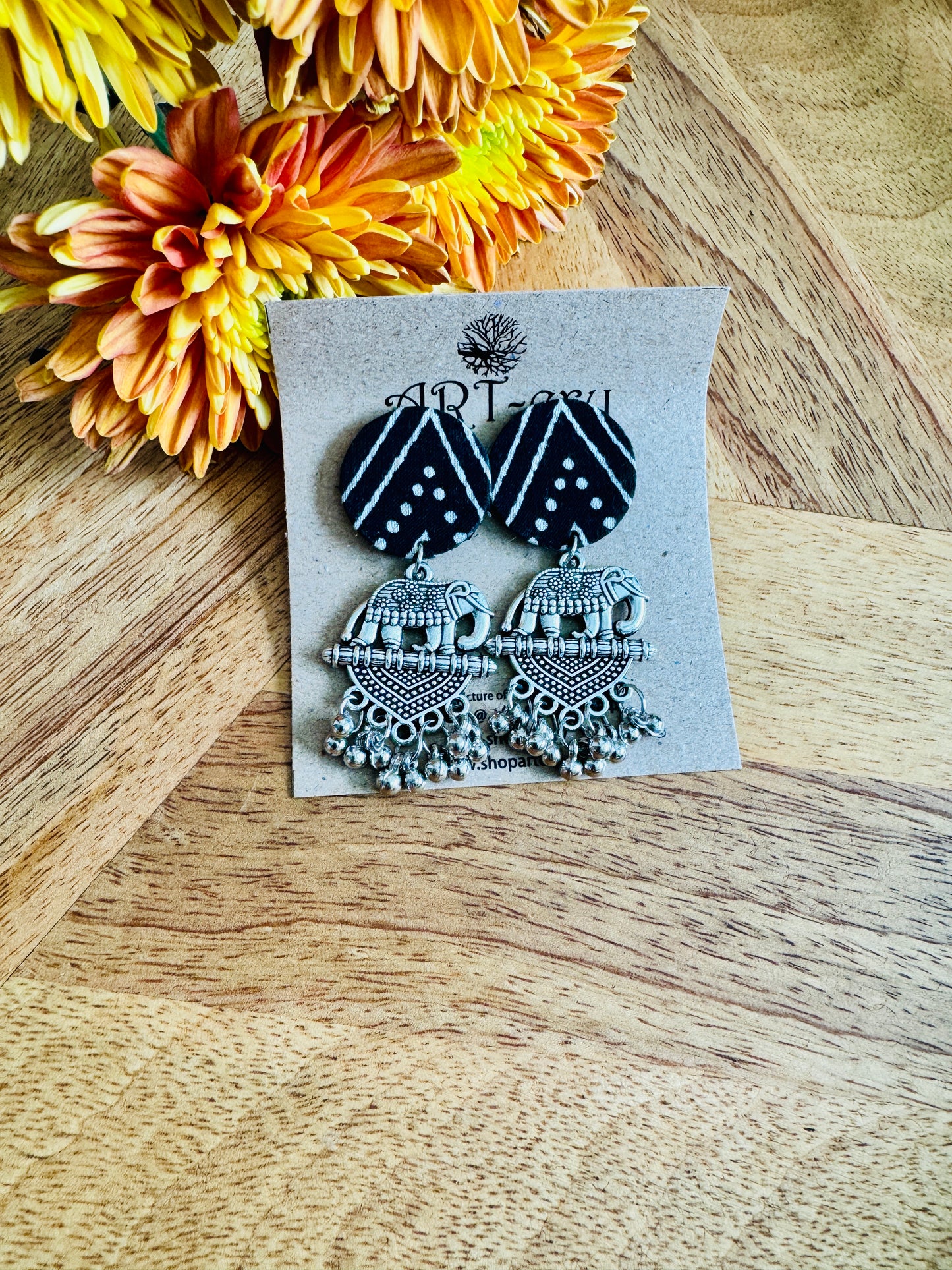 Black elephant oxidised silver fabric earrings