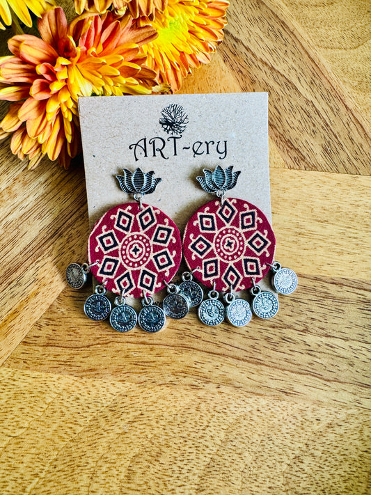 Rust oxidised silver fabric earrings with lotus detailing