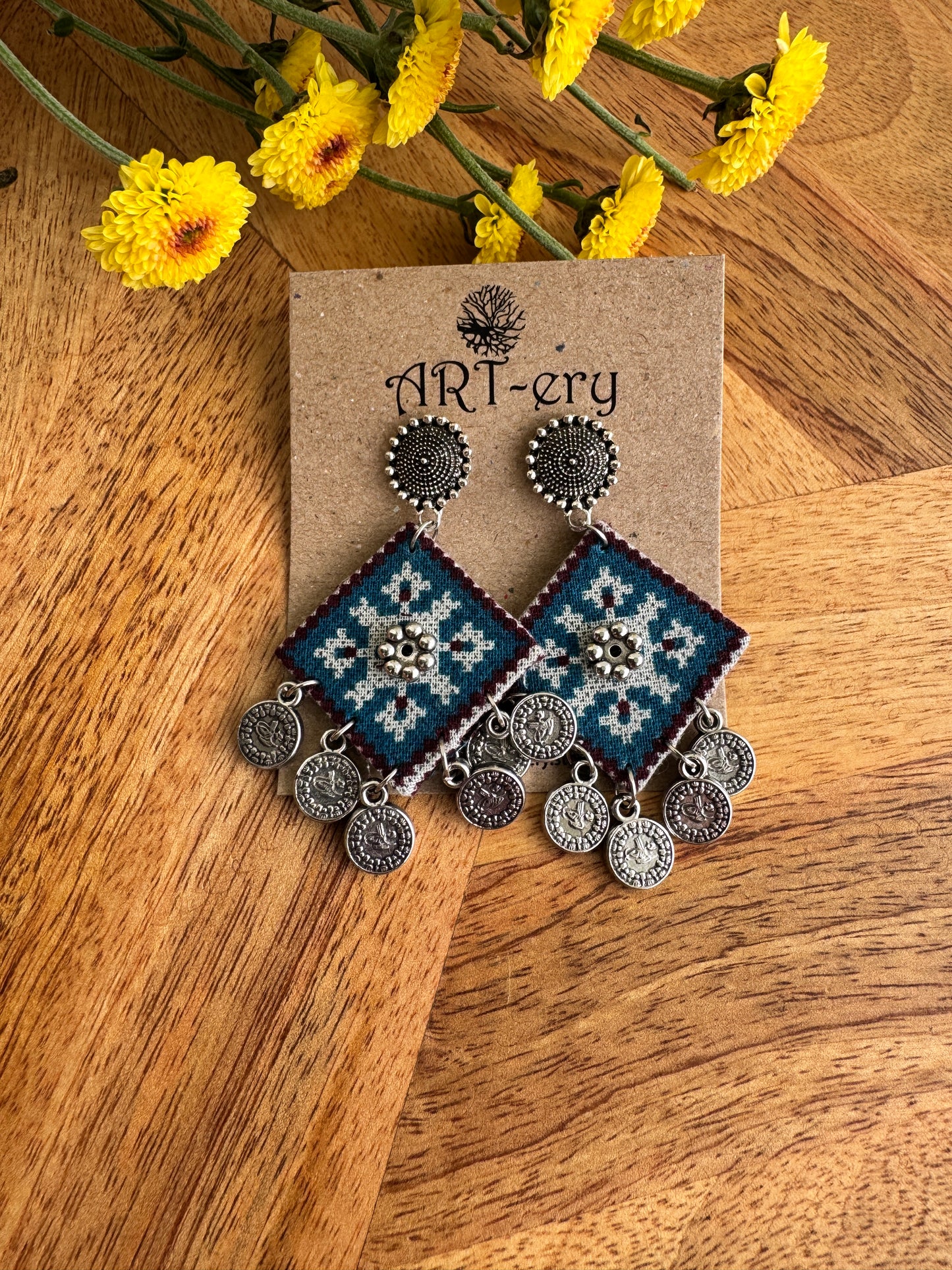 Handcrafted Fabric Statement Earrings | Boho Ethnic Earrings for Women - grey abstract