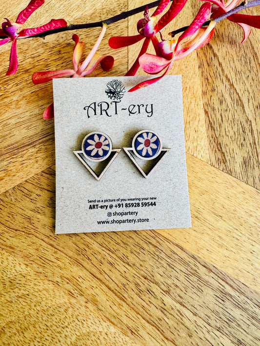 Lightweight fabric stud with wooden detailing - triangle earrings