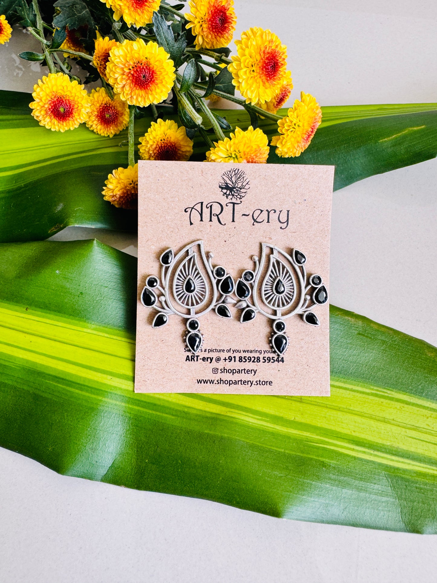 Black color Inspired Oxidised Silver Statement Earrings