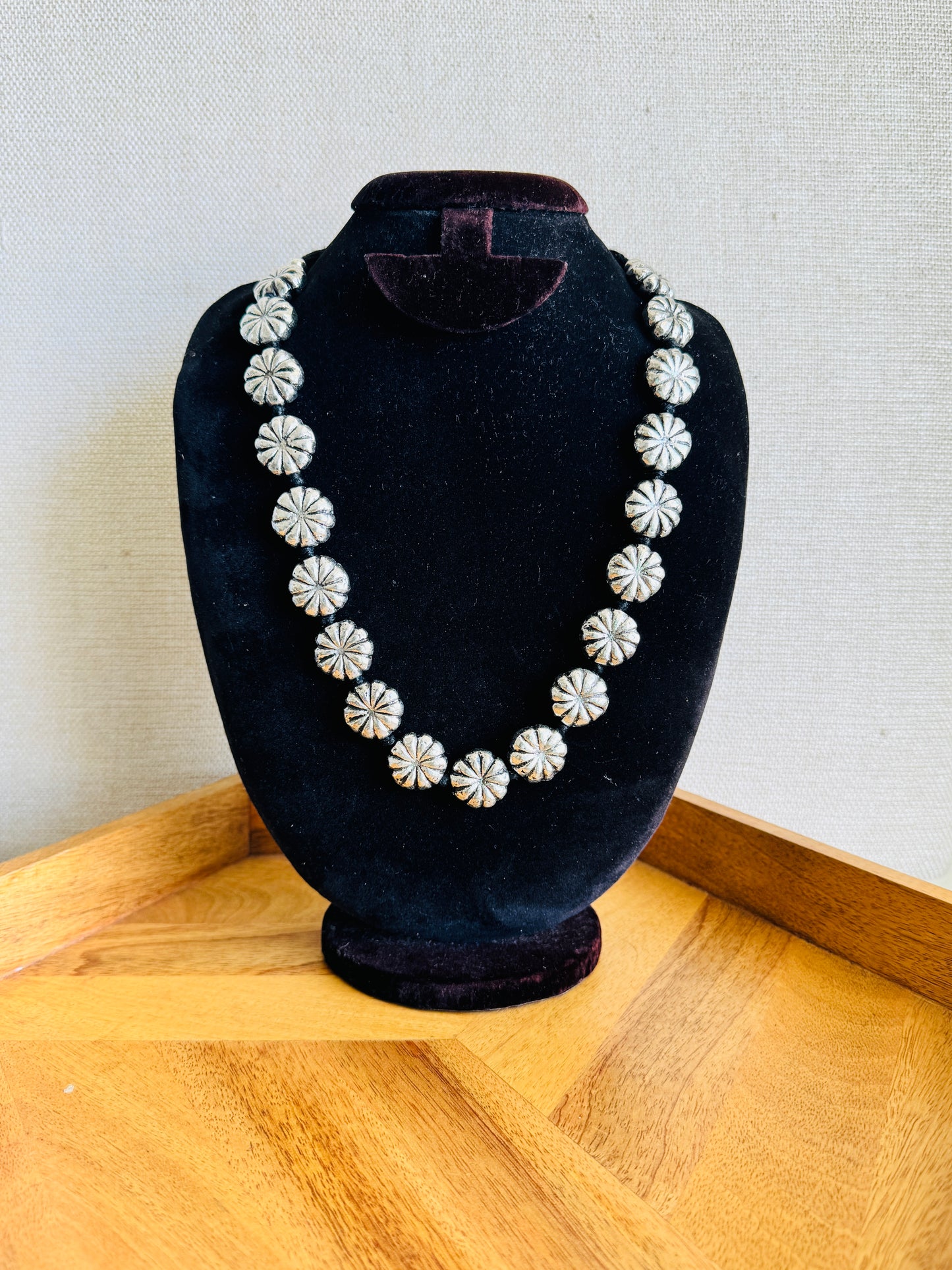 Statement metal necklace with adjustable cord -Floral