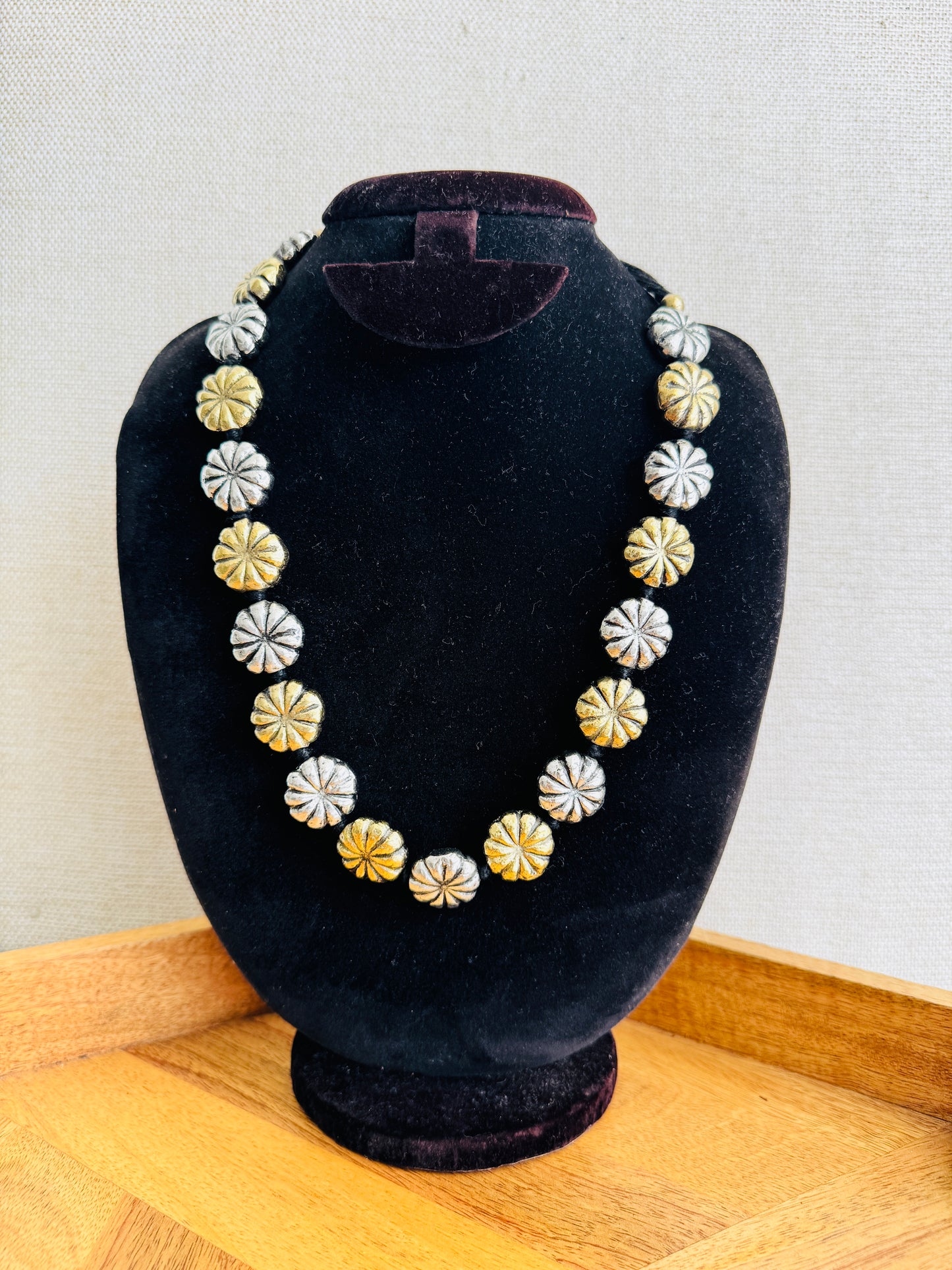 oxidised silver and gold tone statement necklace 
