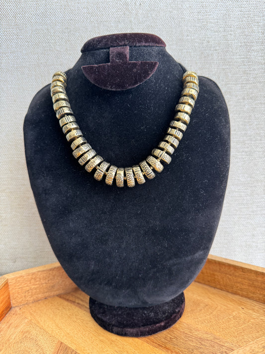 oxidised silver and gold tone statement necklace 