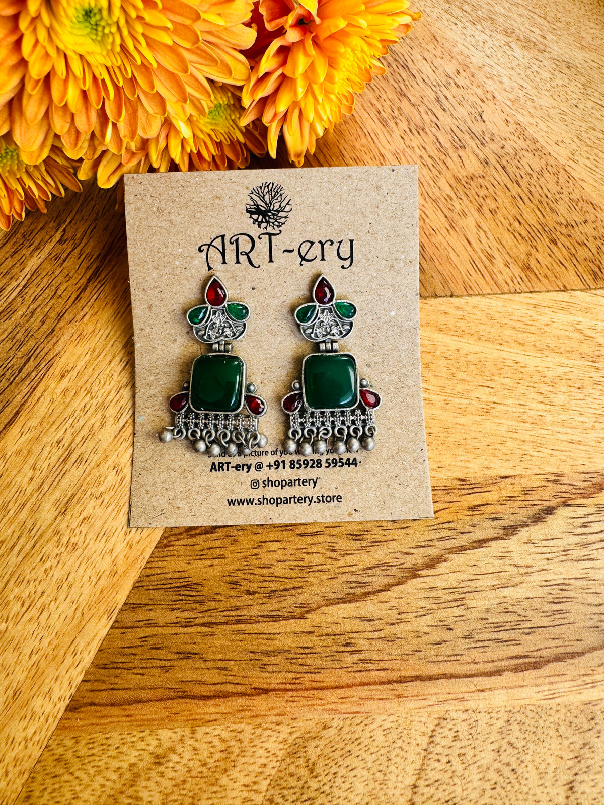 Elegant Oxidised Green & Red Stone Drop Earrings