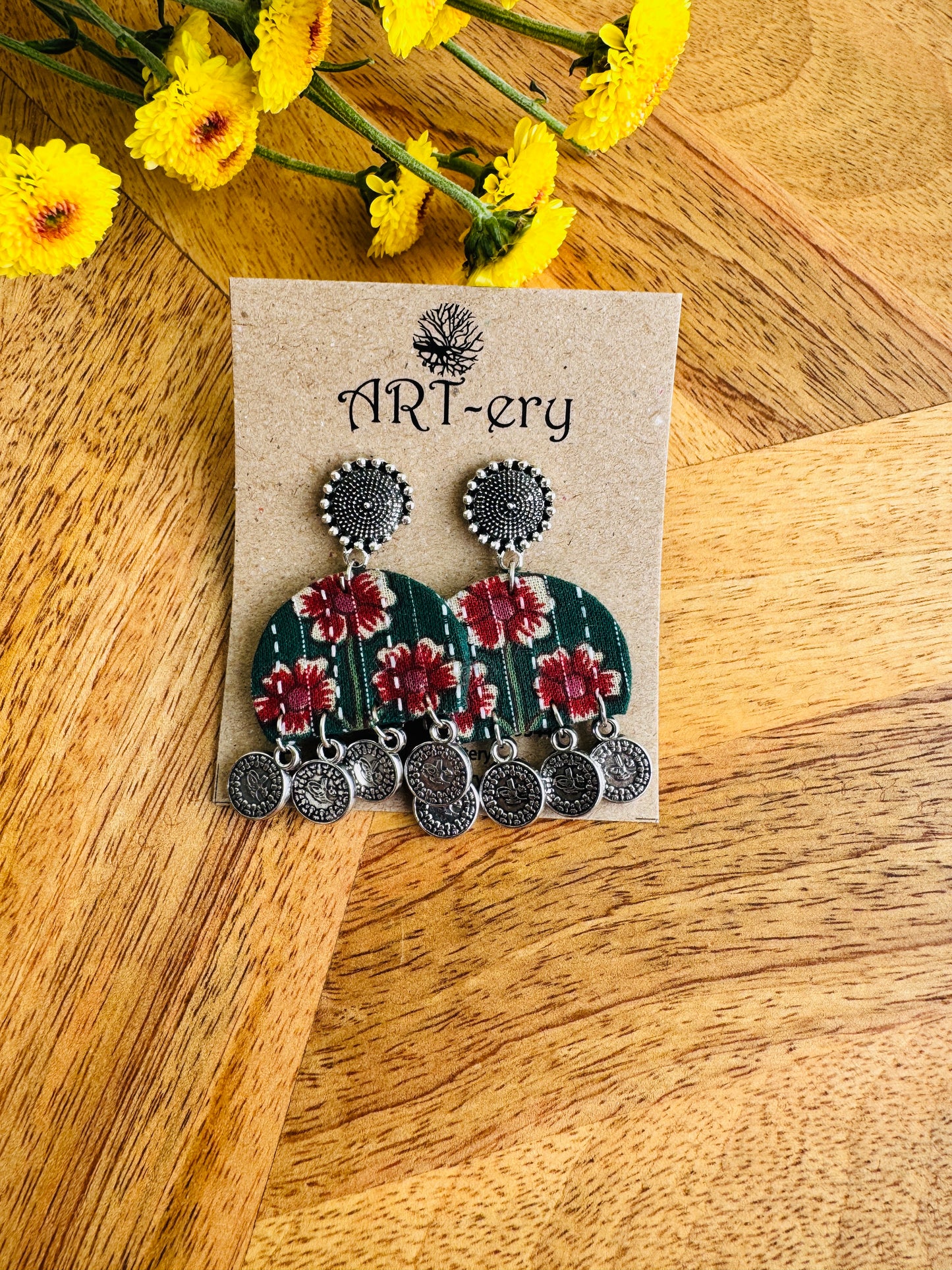 Handcrafted Fabric Statement Earrings | Boho Ethnic Earrings for Women - Green printed floral