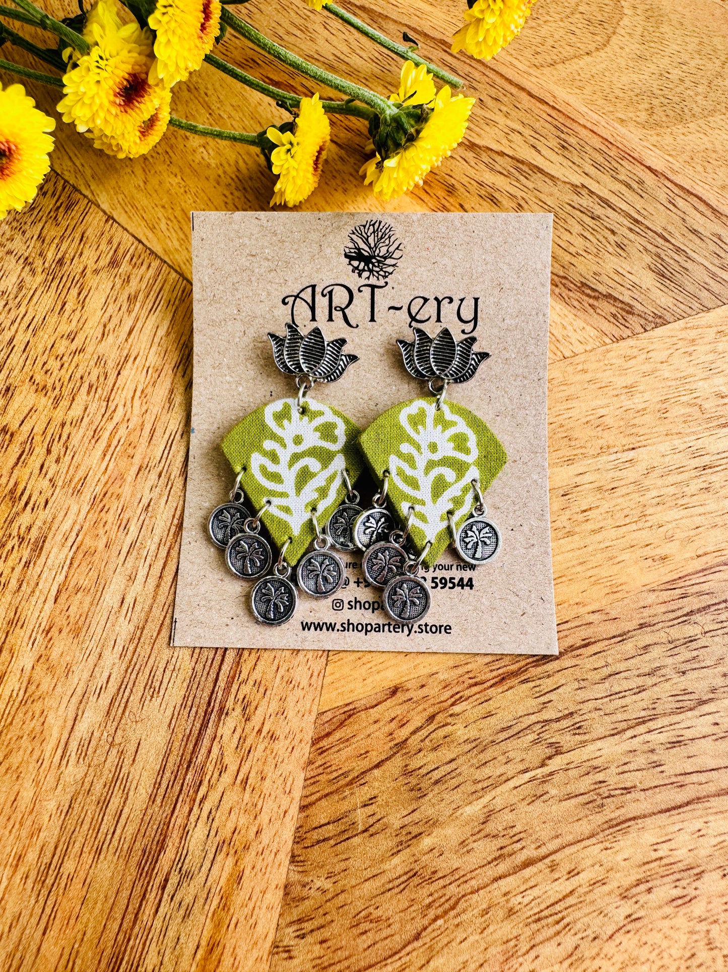 Handcrafted Fabric Statement Earrings | Boho Ethnic Earrings for Women - ethnic printed light green