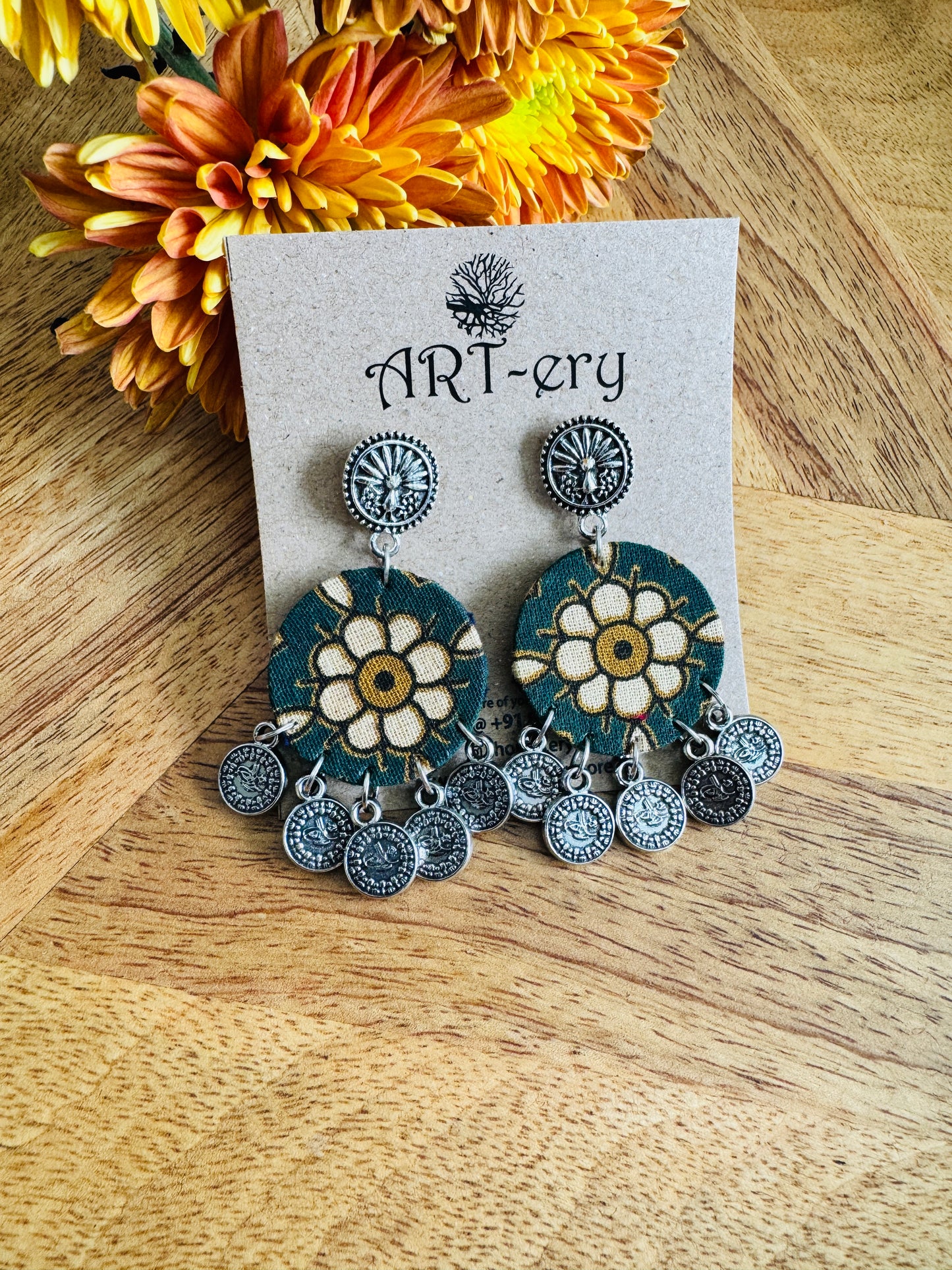 Green floral oxidised silver fabric earrings with coin detailing