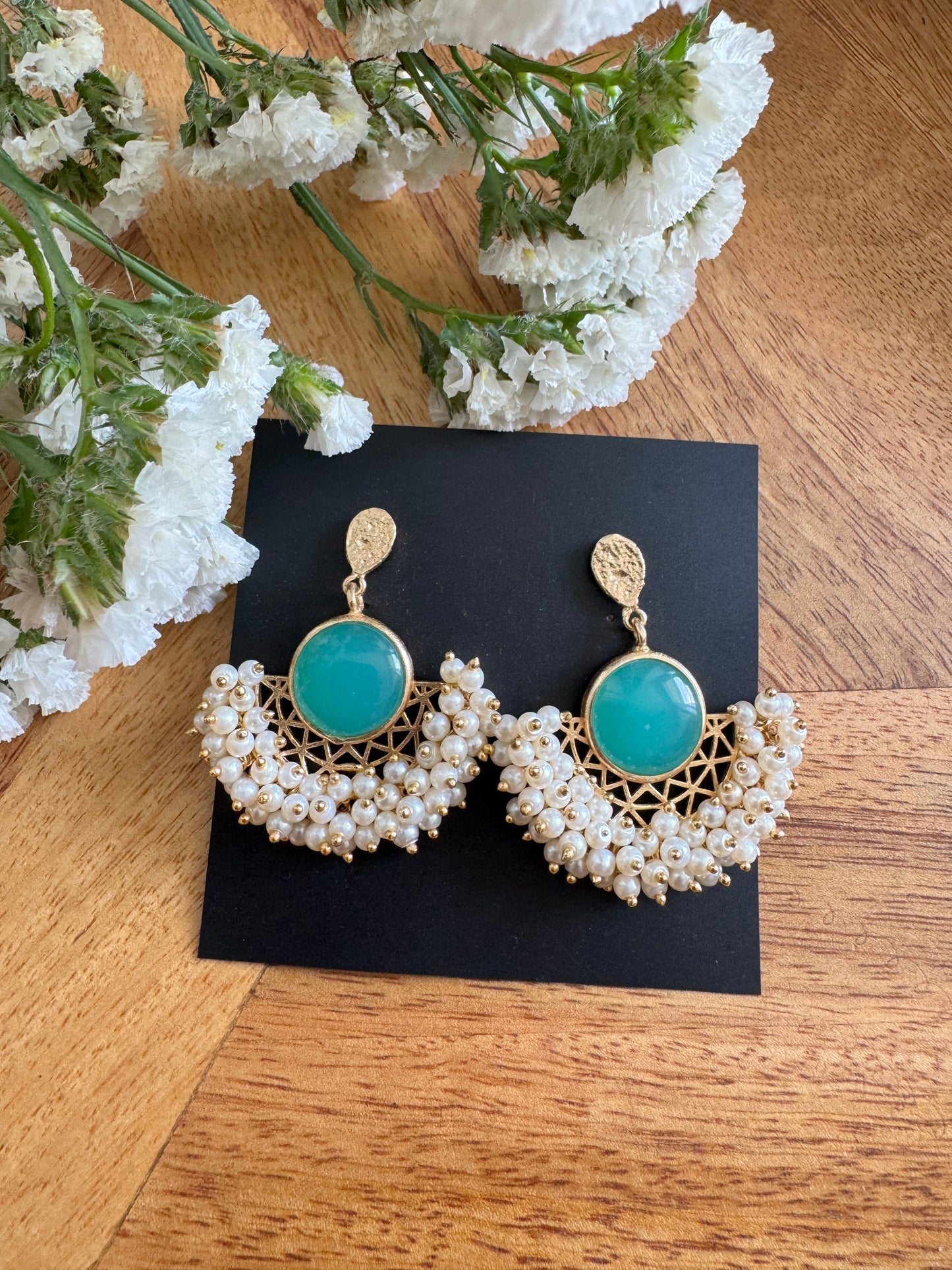Handmade Brass Dangler Earrings with Natural Stone | Green cluster