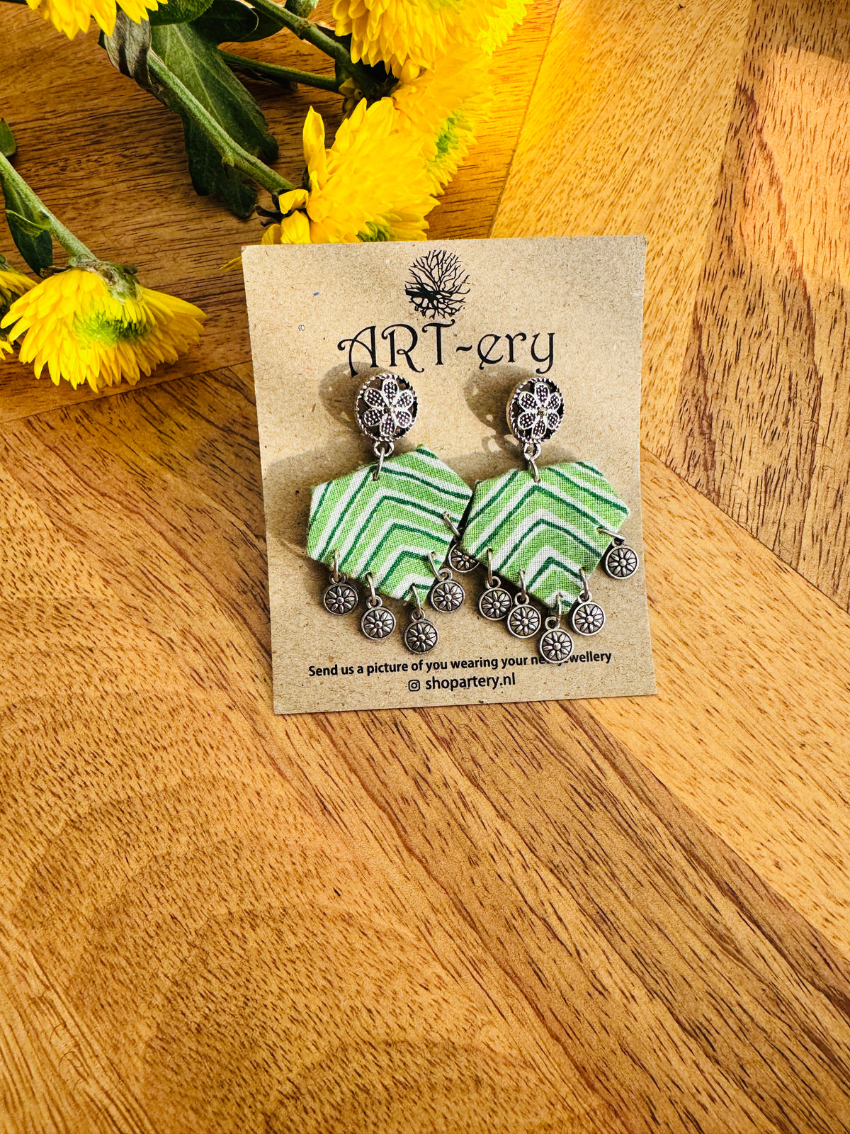 Handmade Fabric & Oxidised Silver Earrings -  Light green stripe