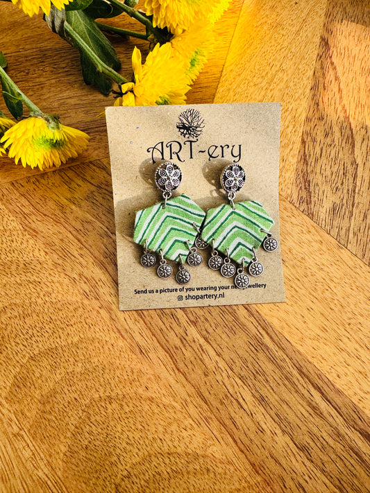 Handmade Fabric & Oxidised Silver Earrings -  Light green stripe
