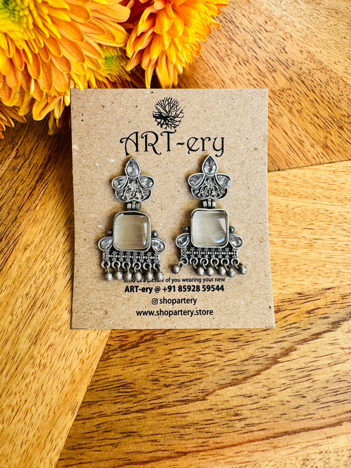 Elegant Oxidised Grey Stone Drop Earrings