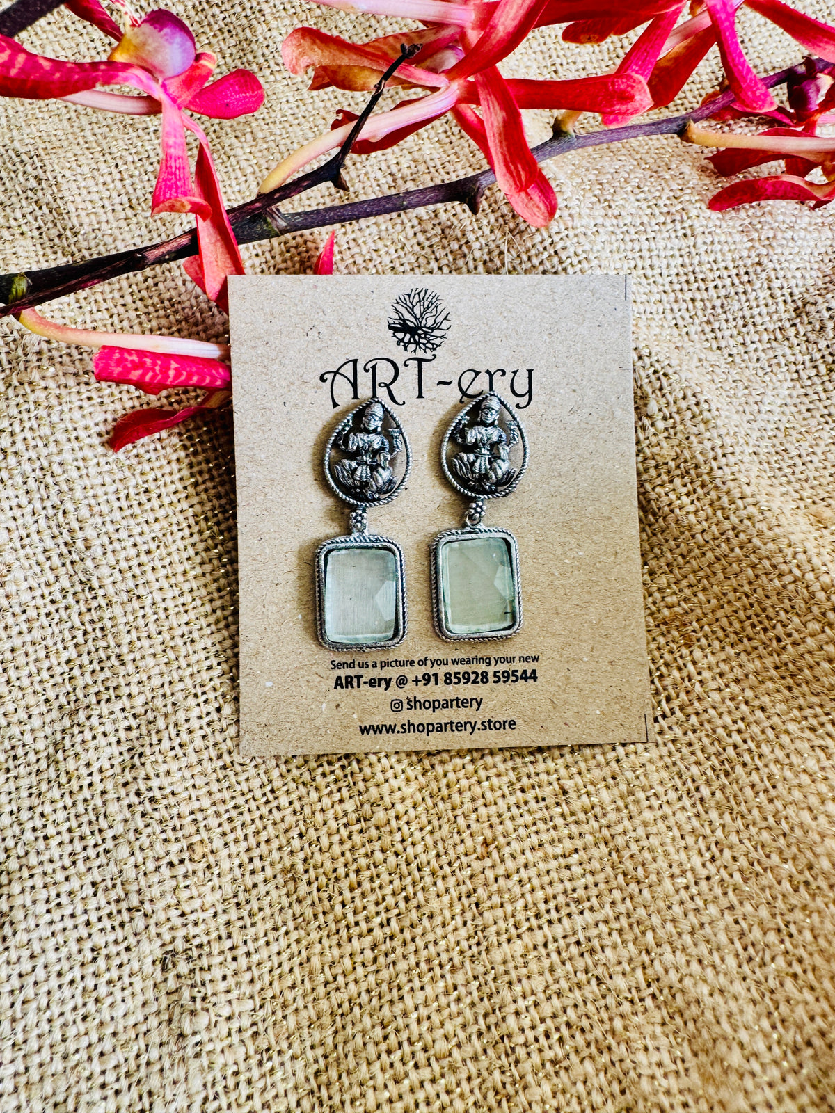 Oxidised Silver Goddess Lakshmi Earrings with  Stone Drop - Grey