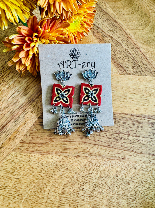 Geometric oxidised silver fabric earrings with jhumka detailing