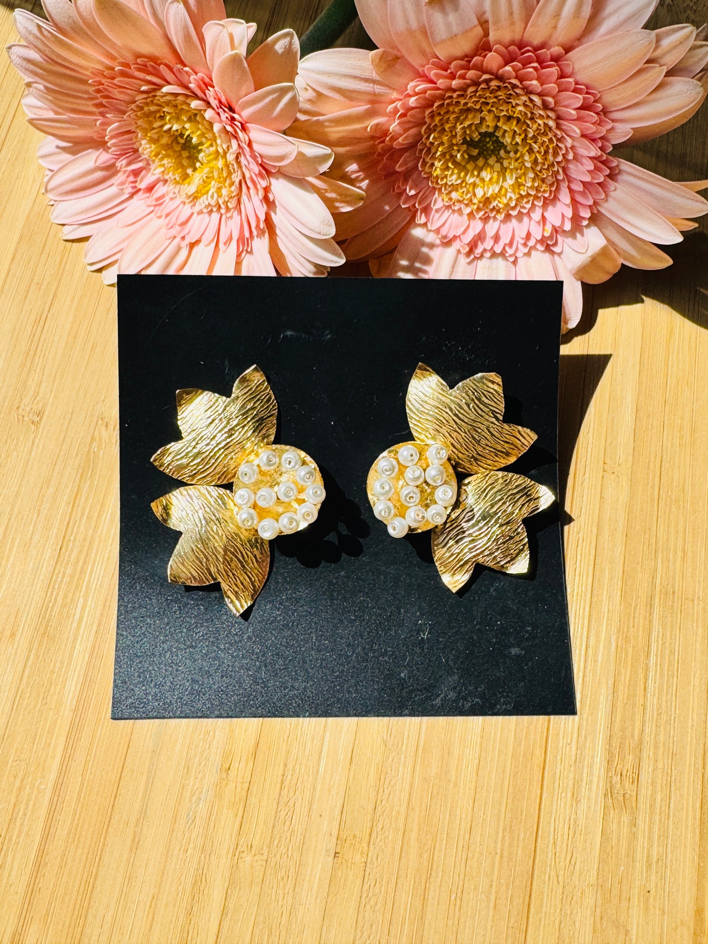 Handcrafted Bold Brass Earrings | Premium Indian Jewellery - Floral earring with cluster pearl