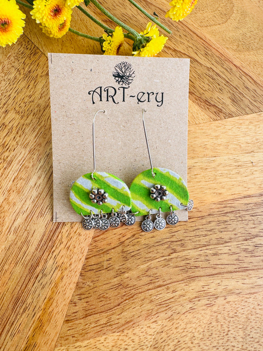 Handcrafted Fabric Statement Earrings | Boho Ethnic Earrings for Women - Green stripe