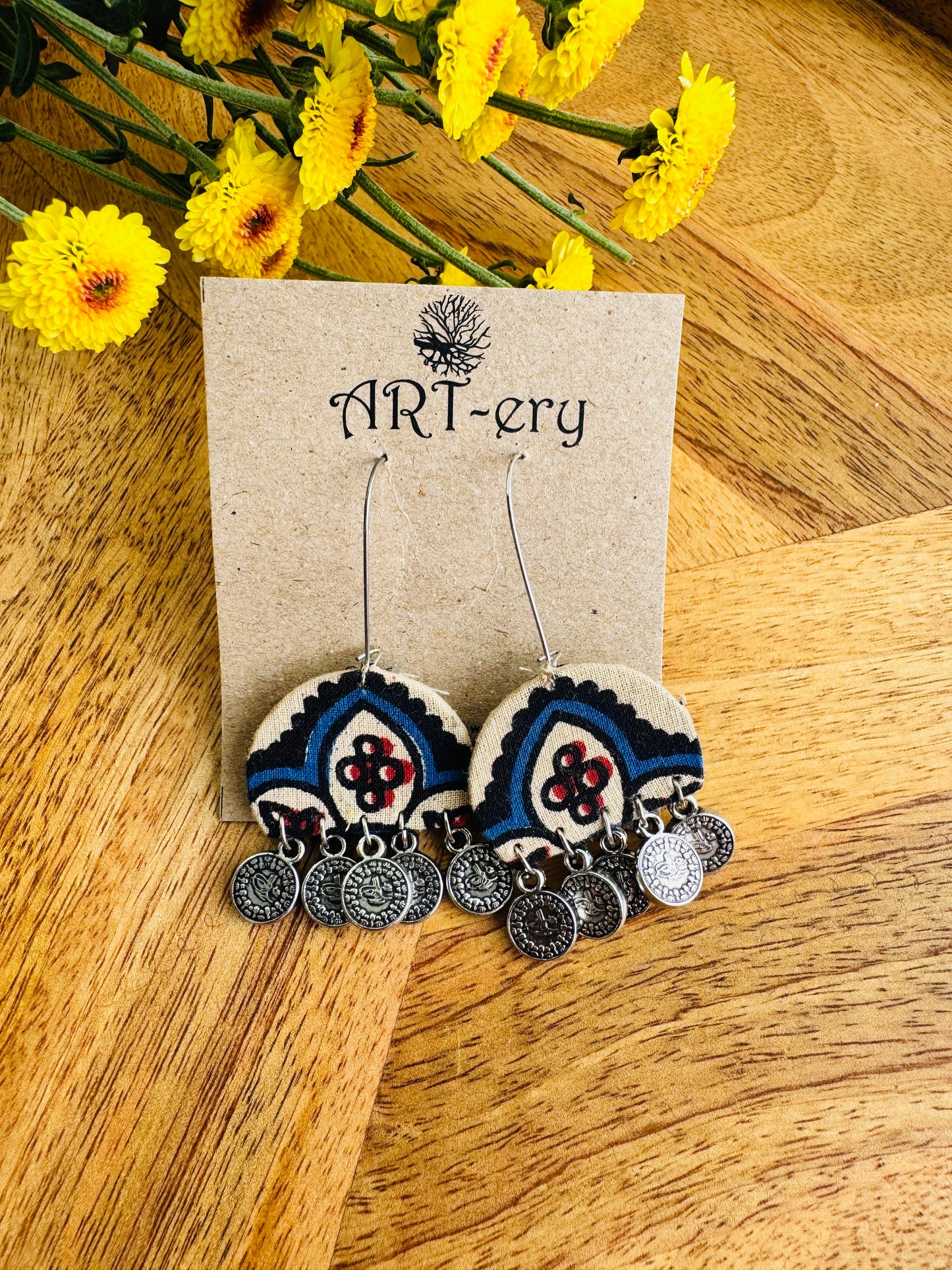 Handcrafted Fabric Statement Earrings | Boho Ethnic Earrings for Women - Black and white hook type