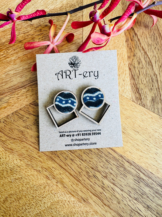 Lightweight fabric stud with wooden detailing - round ethnic cotton earrings