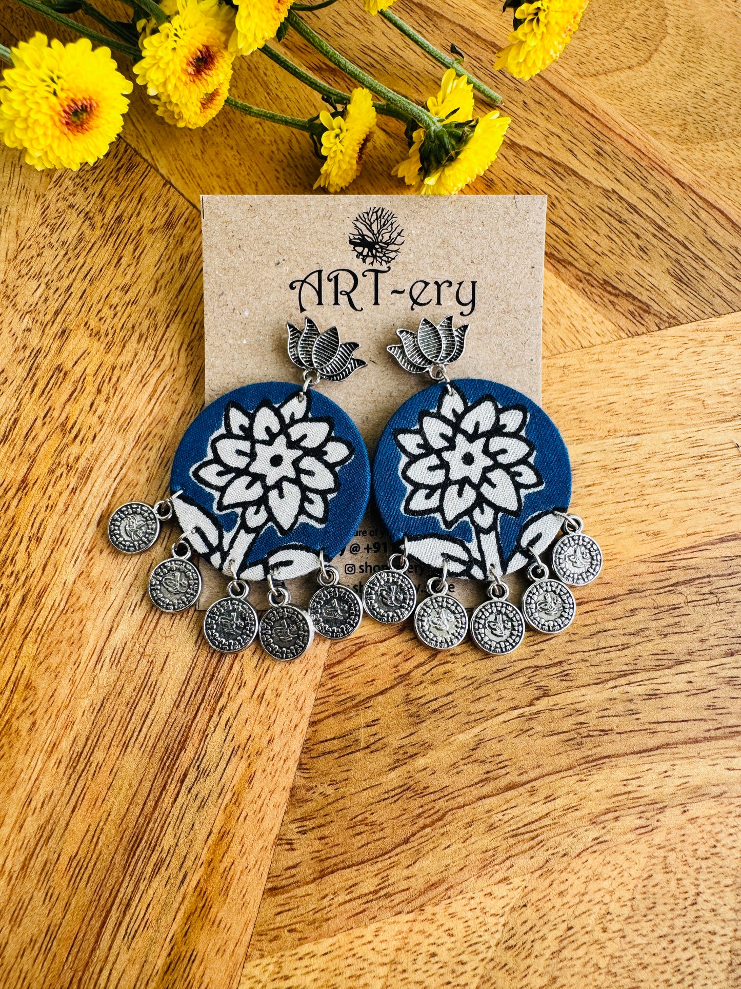 Handcrafted Fabric Statement Earrings | Boho Ethnic Earrings for Women - Blue floral