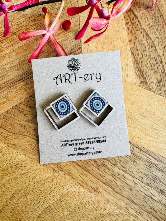 Lightweight fabric stud with wooden detailing - indigo evil eye earrings