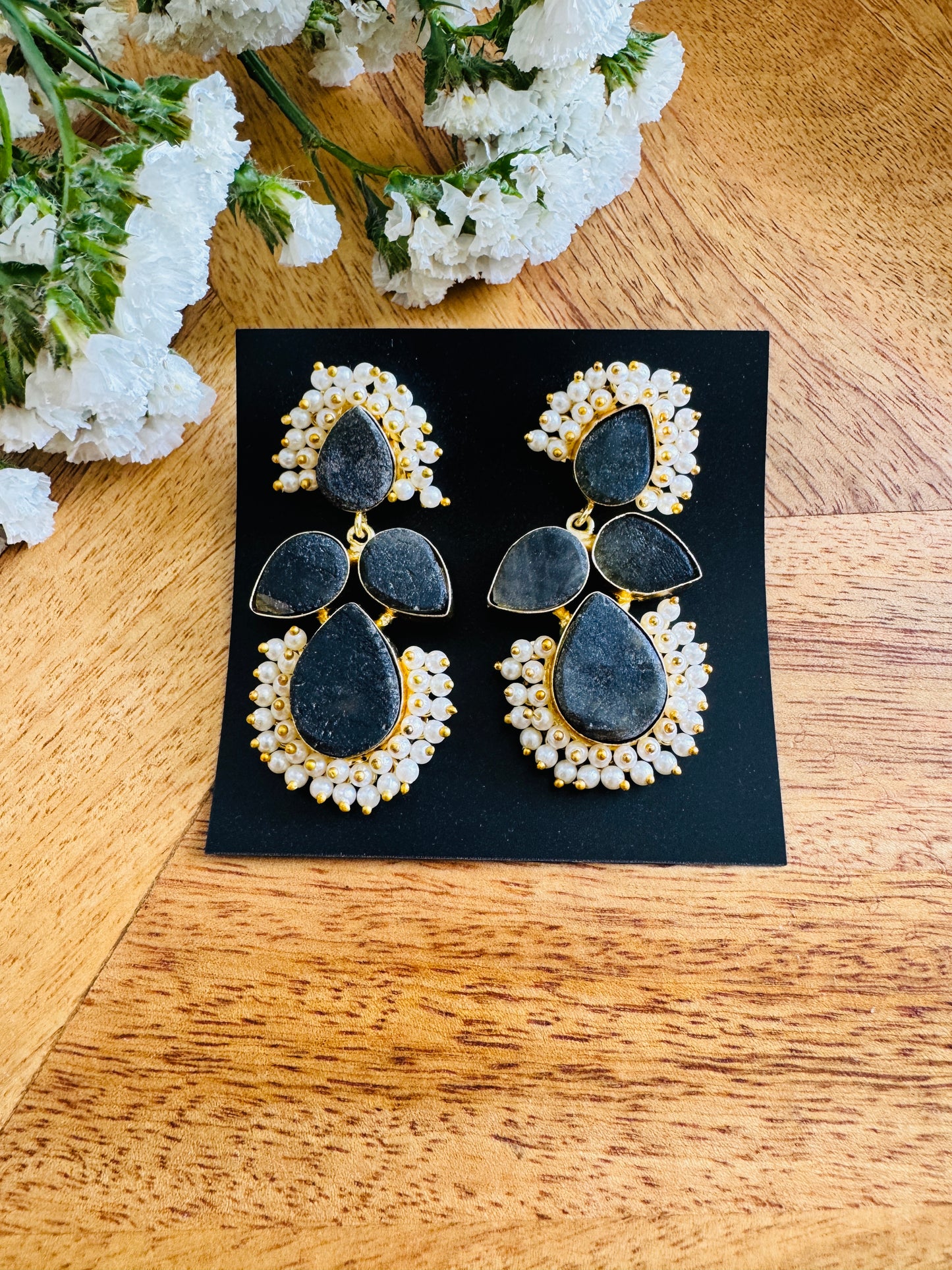 Handmade Brass Dangler Earrings with Natural Stone |