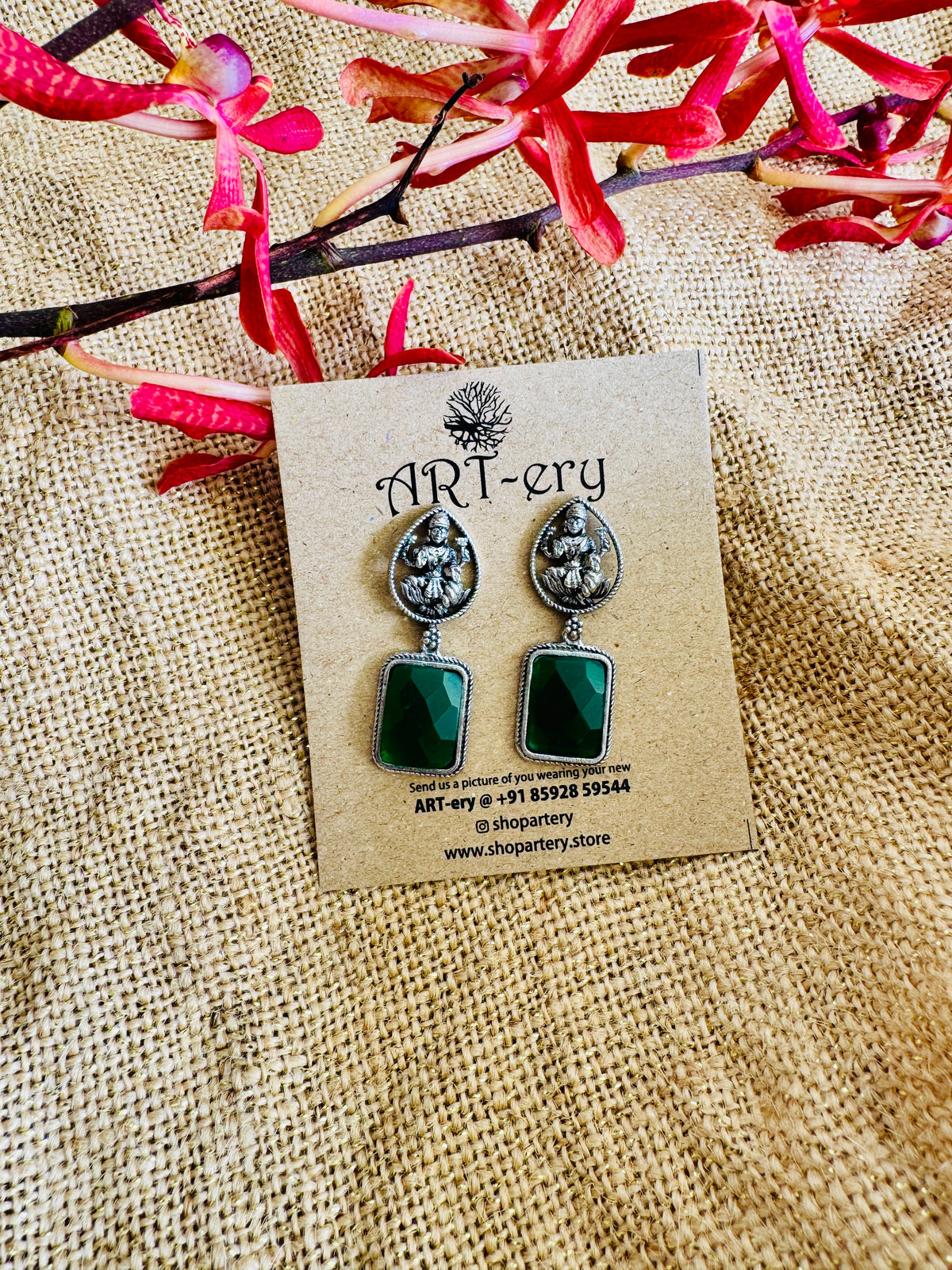 Oxidised Silver Goddess Lakshmi Earrings with  Stone Drop - Dark green