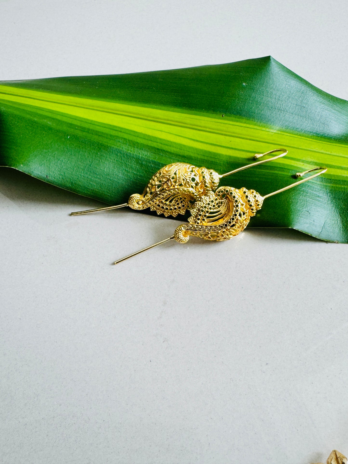 Lightweight Brass Pin Earrings | Gold Tone Onam Collection - Traditional conch