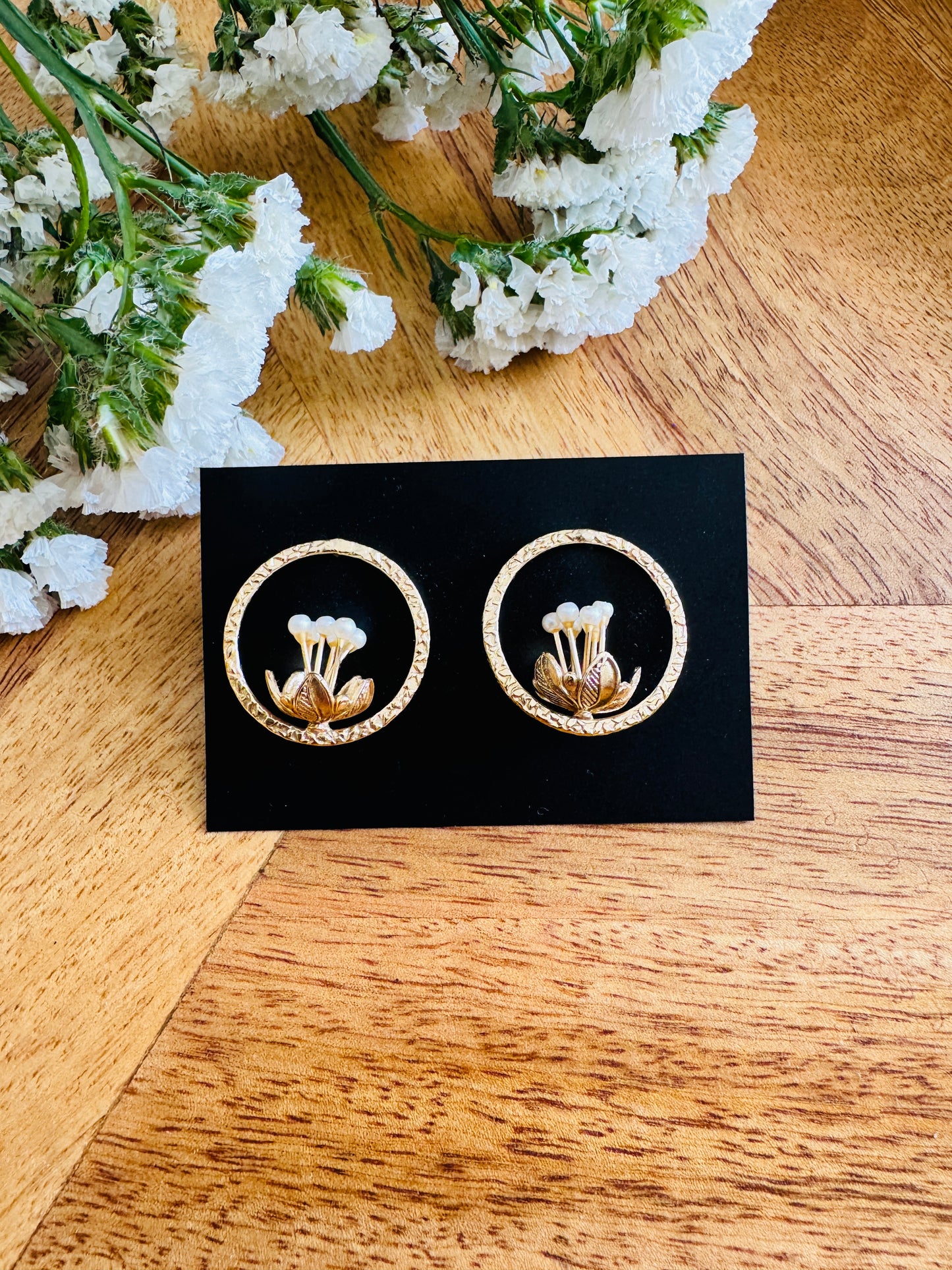 Handmade Brass Dangler Earrings with Natural Stone | Lotus brass earrings