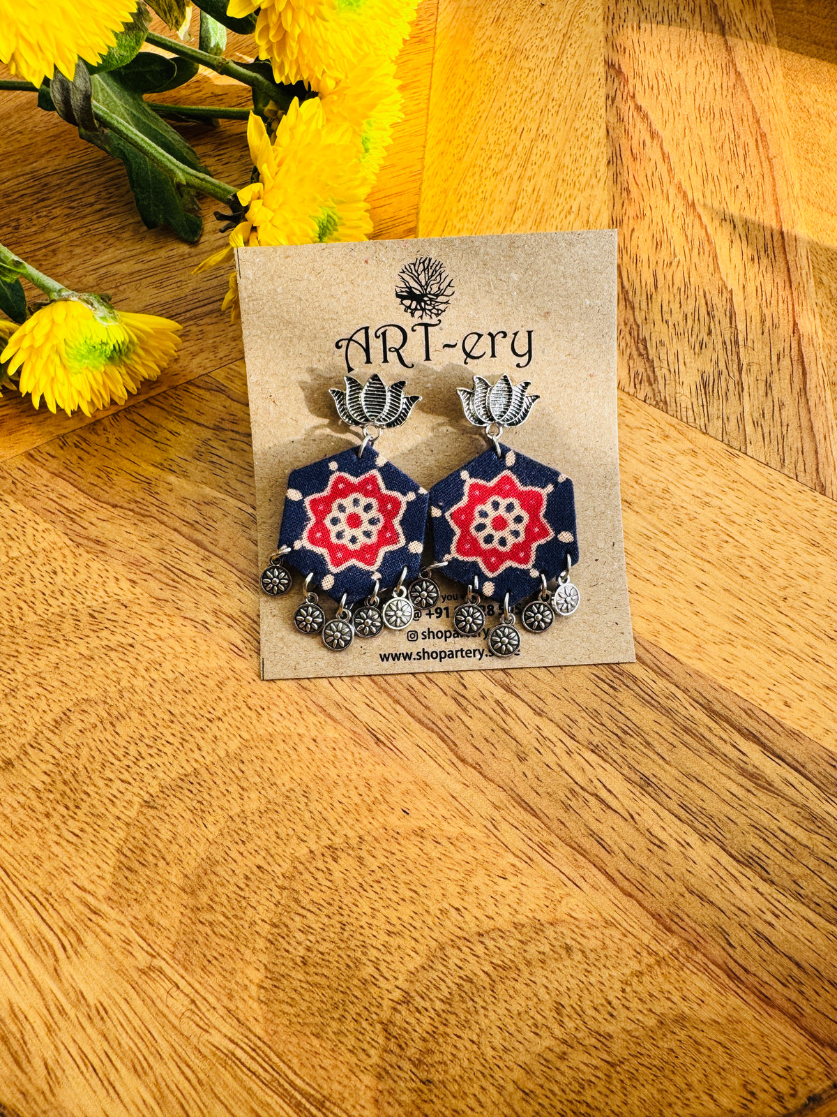 Handmade Fabric & Oxidised Silver Earrings - Lotus black red earrings