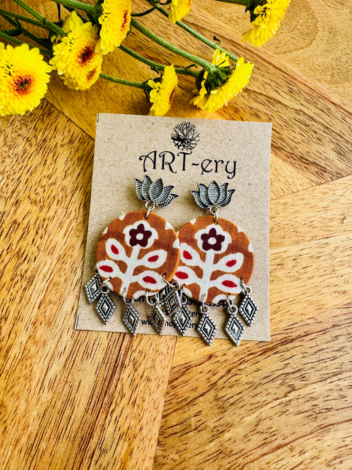 Handcrafted Fabric Statement Earrings | Boho Ethnic Earrings for Women -Mustard