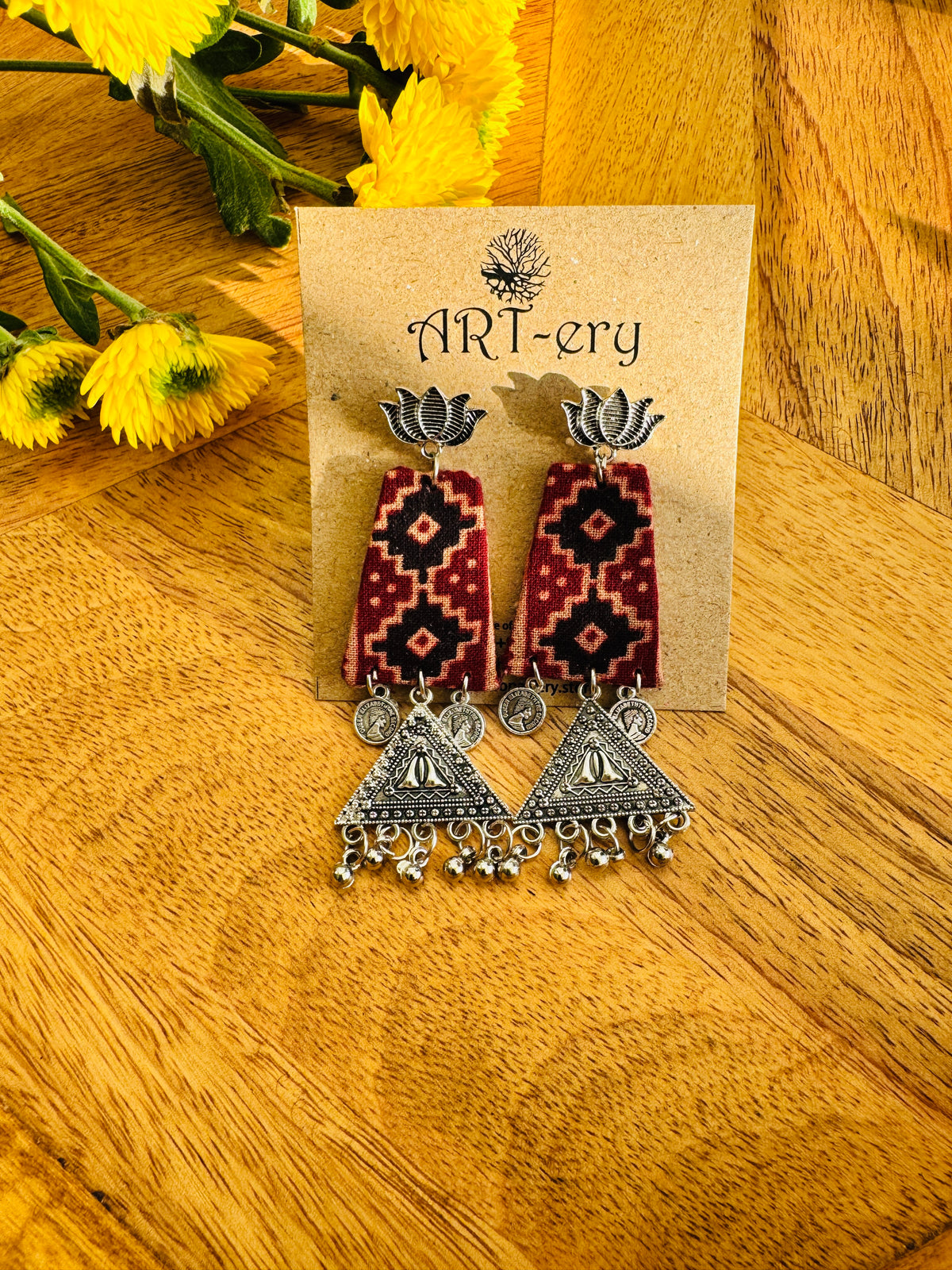 Handmade Fabric & Oxidised Silver Earrings - Lotus black red earrings