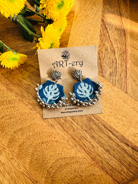 Handmade Fabric & Oxidised Silver Earrings - Lotus indigo earrings