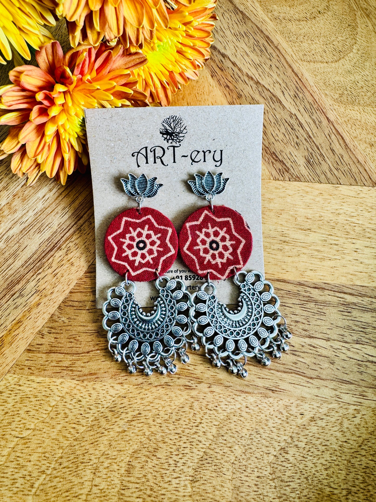Red printed oxidised silver fabric earrings