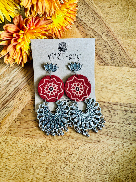Red printed oxidised silver fabric earrings