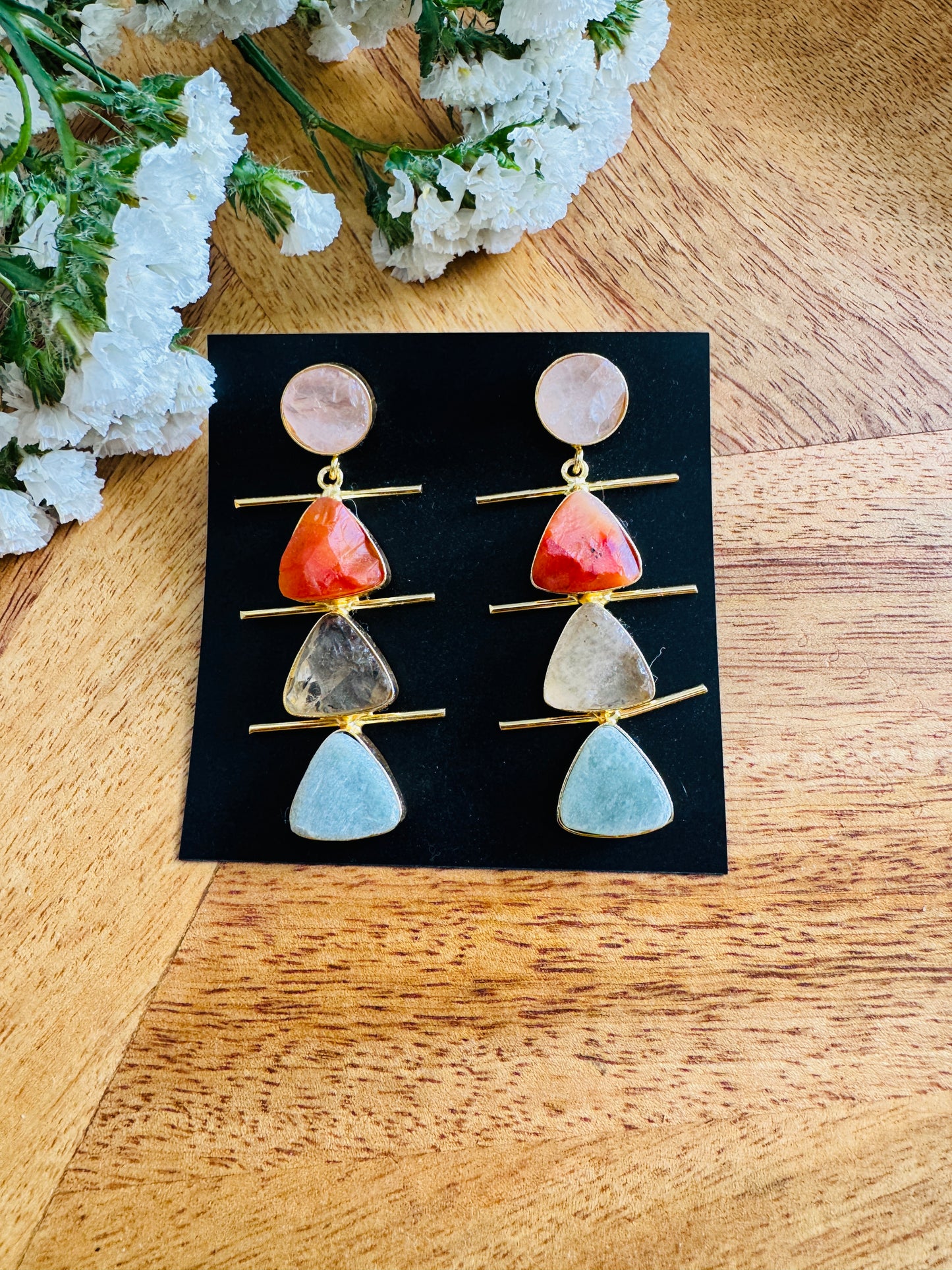 Handmade Brass Dangler Earrings with Natural Stone | Earthy multi color dangler