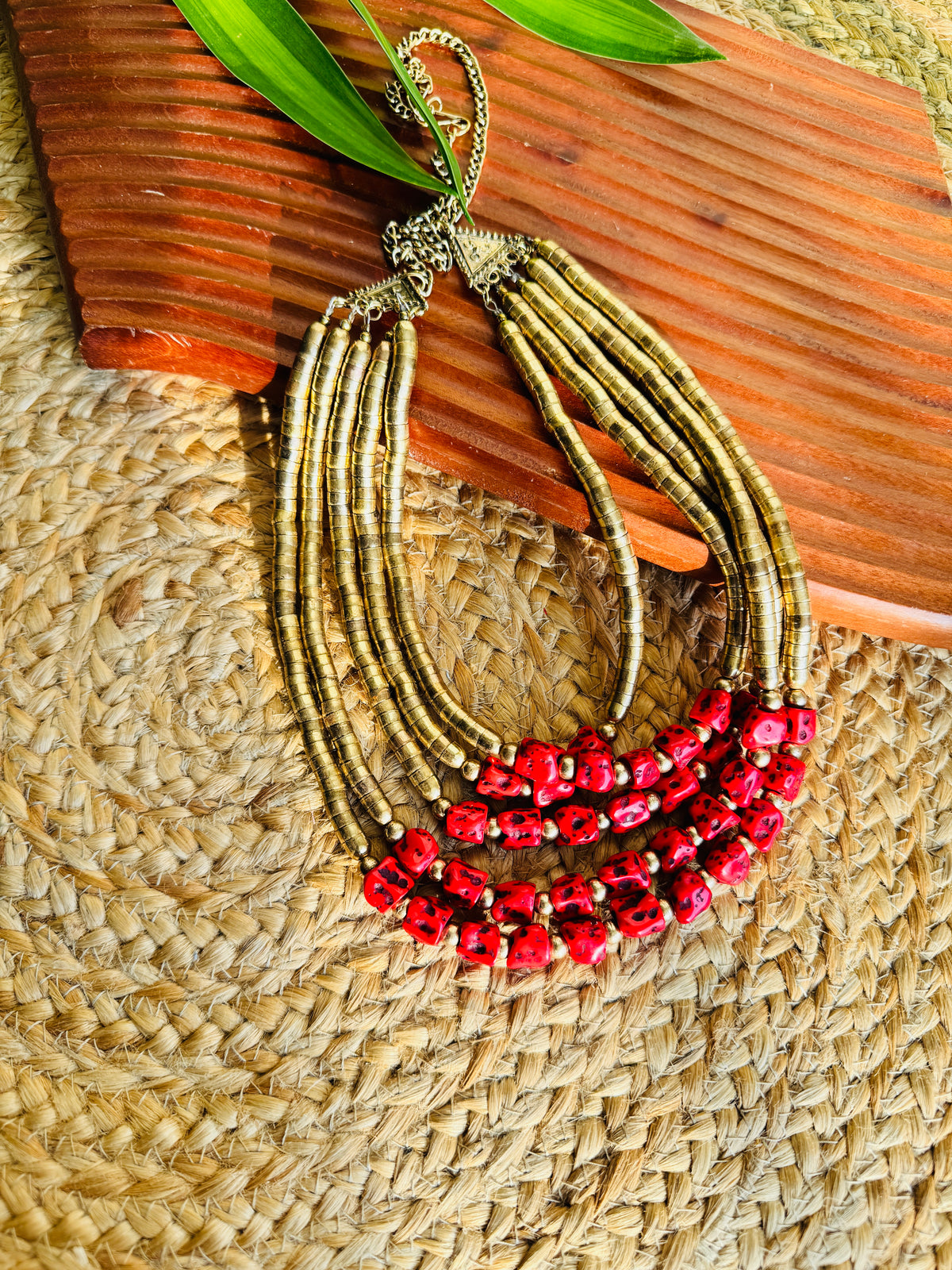 Statement necklace multi layered wth red stones