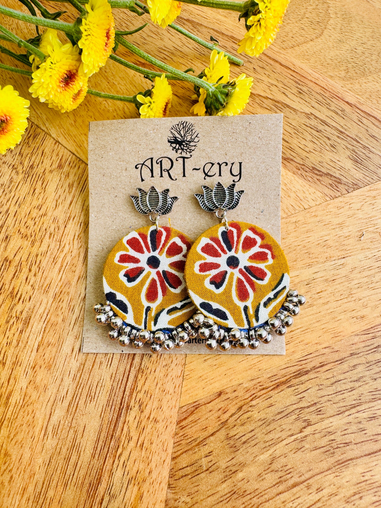Handcrafted Fabric Statement Earrings | Boho Ethnic Earrings for Women - Mustard fabric earring