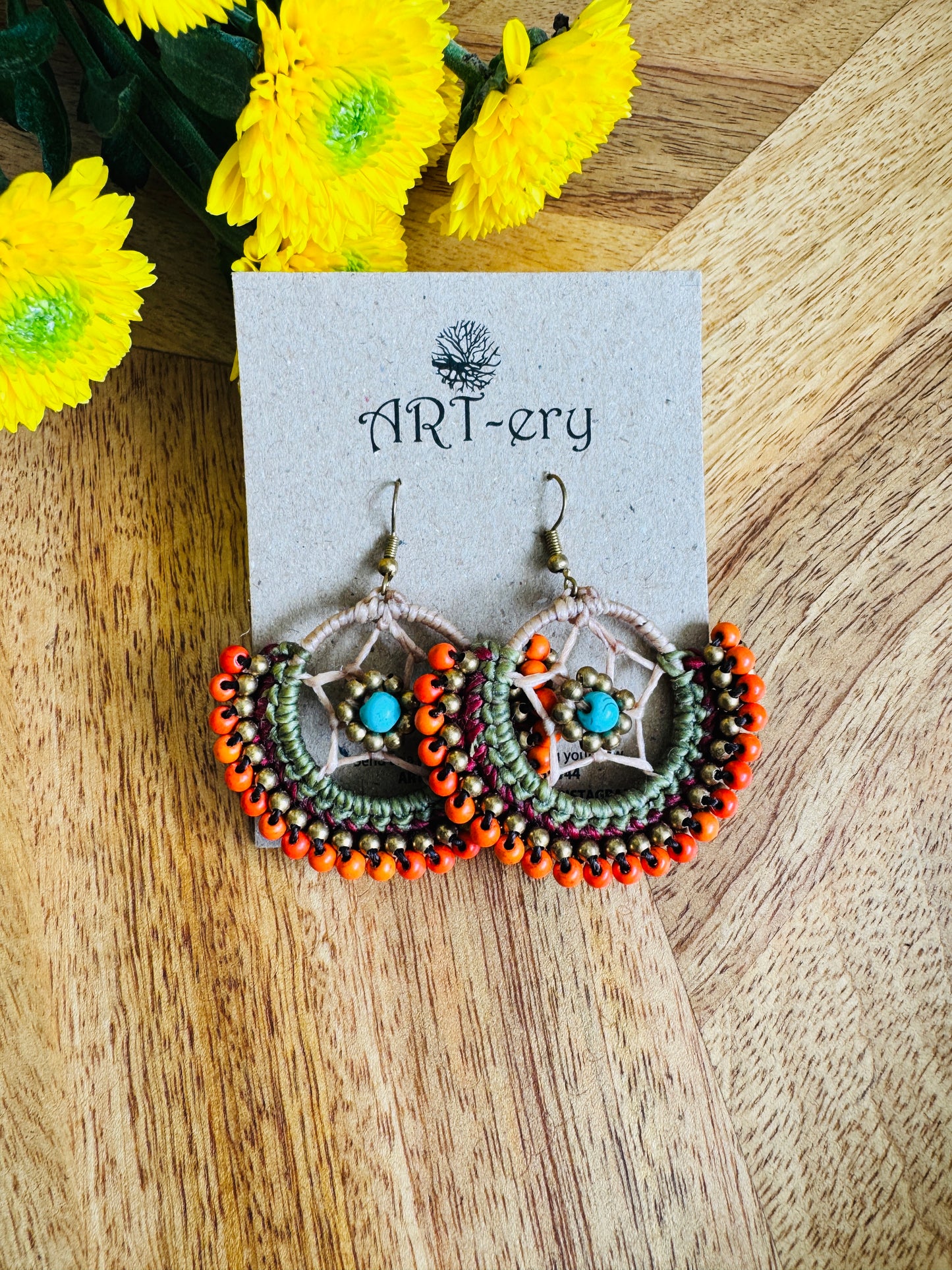 Crochet Thread & Bead Earrings - Orange and olive
