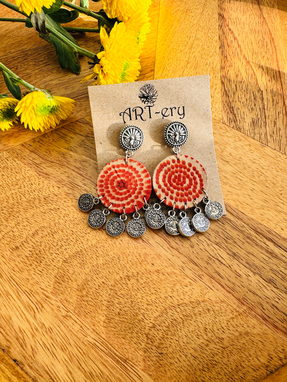 Handmade Fabric & Oxidised Silver Earrings - Light orange round earrings