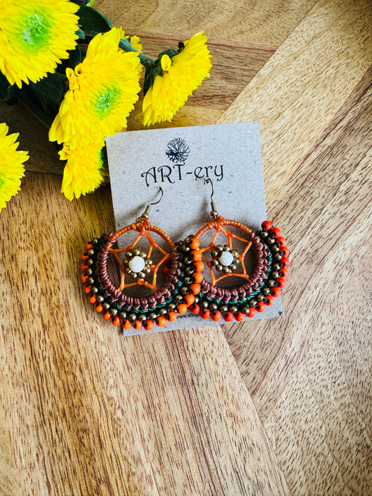 Crochet Thread & Bead Earrings - Orange star