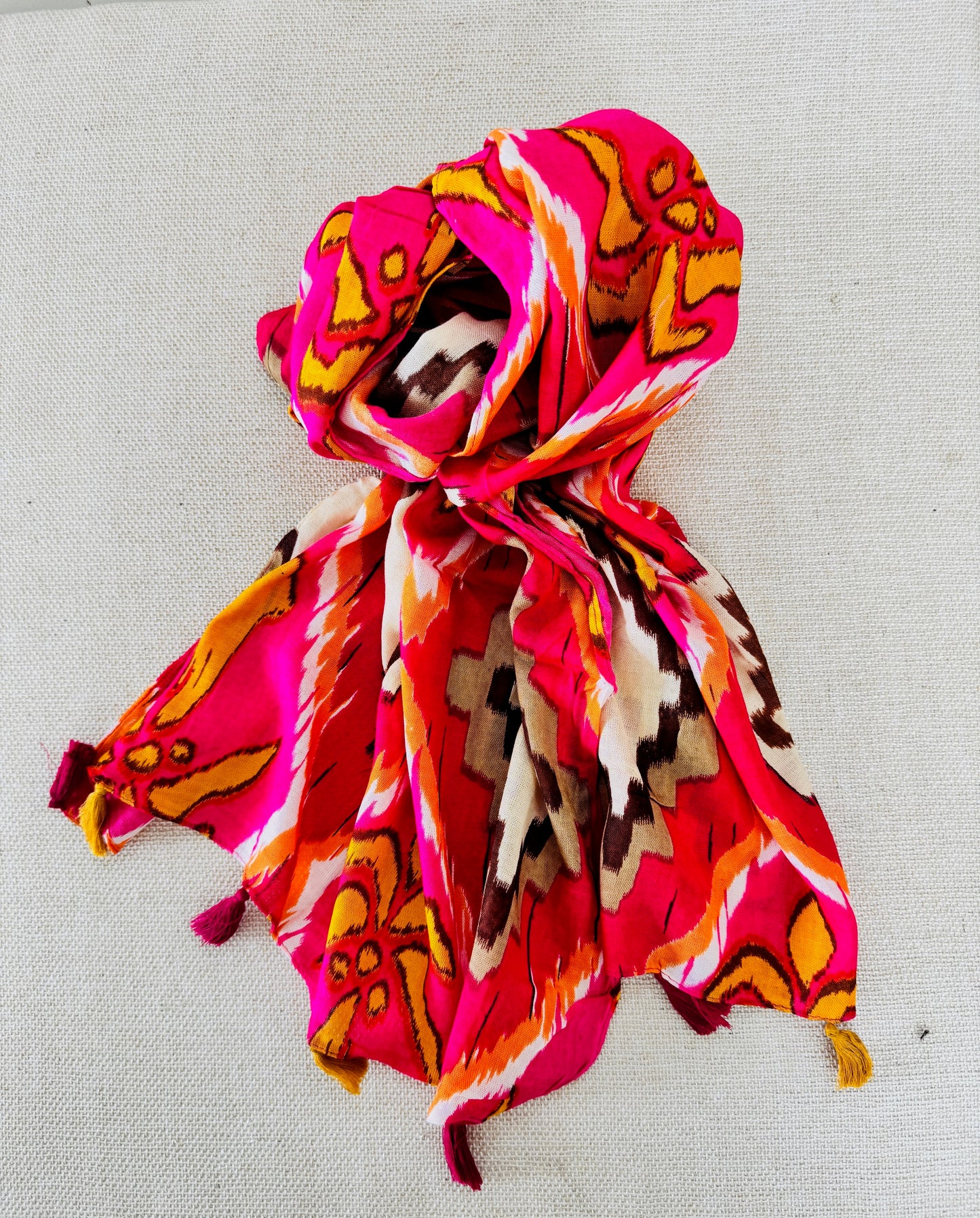 Lightweight Printed Poly-Cotton Scarf for Women - Pink Orange Stripe